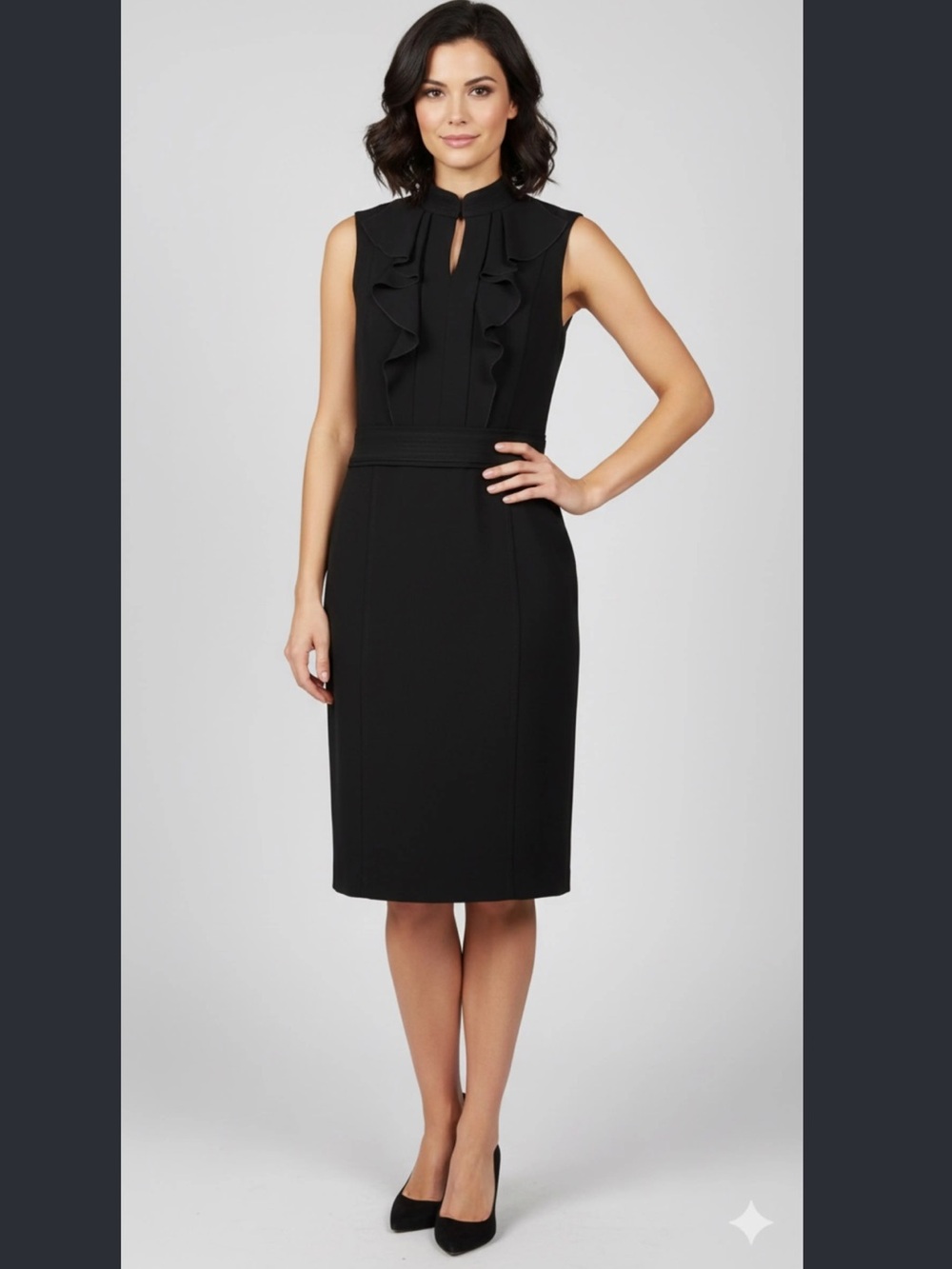 TORY BURCH Black Pencil Knee Length Sheath Ruffle Front Sleeveless Dress SZ L/G